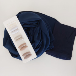 pack hijab mousseline opaque bleu bonnet tube bleu et lot épingles nude