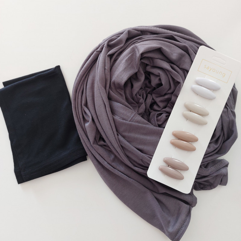 pack hijab jersey gris bonnet tube noir lot épingle nude